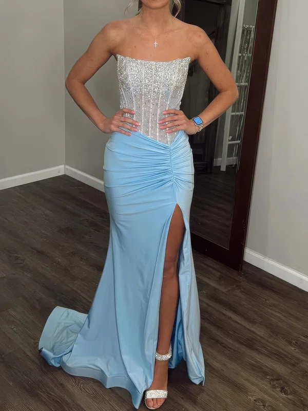 Sheath/Column Strapless Satin Corset Prom Dresses With Beading #UKM020127283