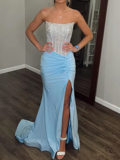 Sheath/Column Strapless Satin Corset Prom Dresses With Beading #UKM020127283