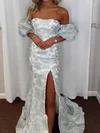 Mermaid Off-the-shoulder Satin Floral Prom Dresses With Puff Sleeve #UKM020127285