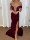 Sheath/Column Off-the-shoulder Velve Beaded Prom Dresses With Ruched #UKM020127288
