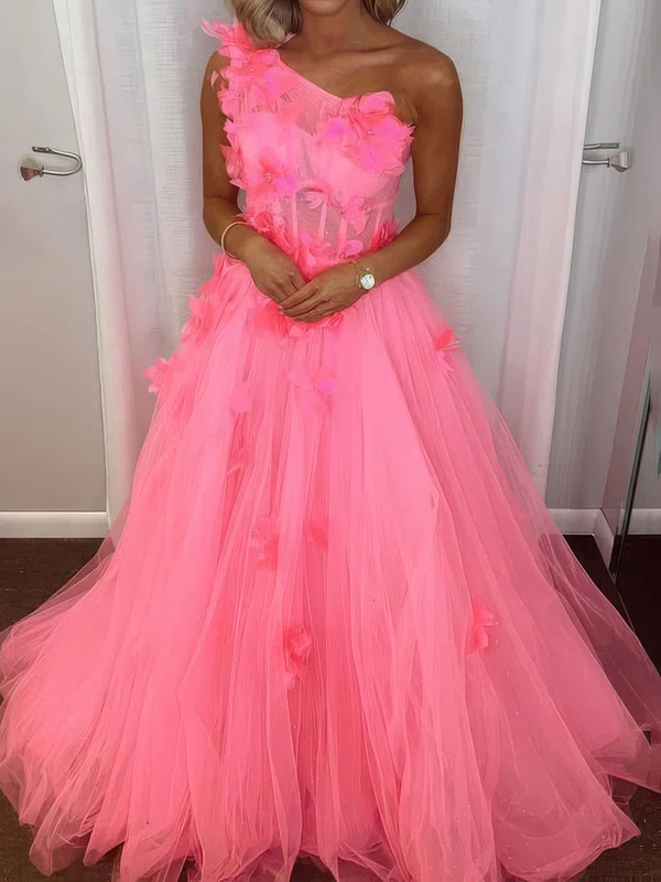 Ball Gown One Shoulder Tulle 3D Floral Prom Dresses With Ruched #UKM020127291