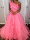 Ball Gown One Shoulder Tulle 3D Floral Prom Dresses With Ruched #UKM020127291