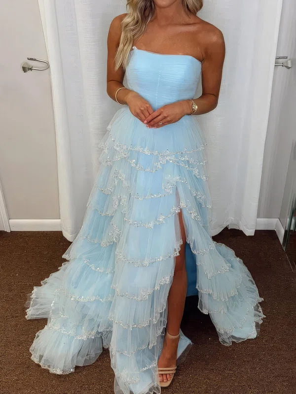 Ball Gown Strapless Tulle Tiered Prom Dresses With Appliques #UKM020127293