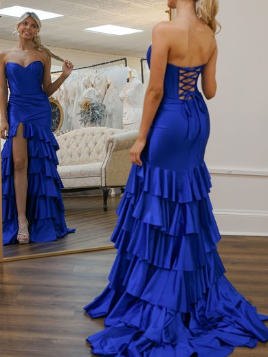 Mermaid Strapless Satin Tiered Prom Dresses With Ruched #UKM020127298