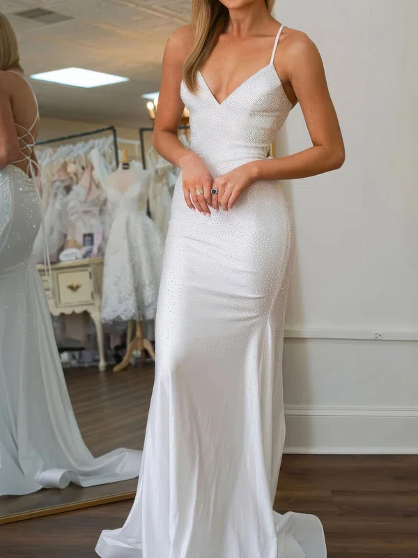 Sheath/Column V-neck Satin Beaded Prom Dresses With Ruched #UKM020127301