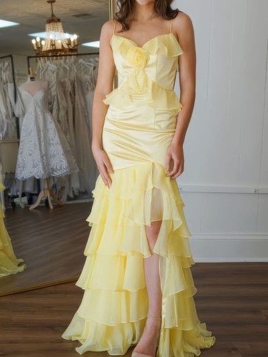 Mermaid V-neck Chiffon Satin Ruffle Tiered Prom Dresses #UKM020127305