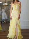 Mermaid V-neck Chiffon Satin Ruffle Tiered Prom Dresses #UKM020127305