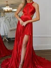 Red A-line Scoop Neck Satin Cut Out Pleated Prom Dresses #UKM020127306