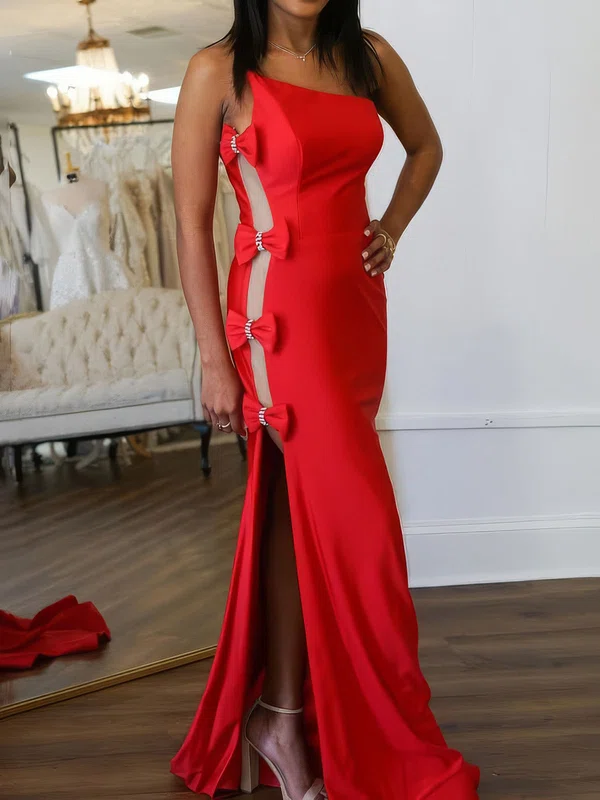 Red Sheath/Column Strapless Satin Prom Dresses With Bow #UKM020127309