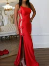 Red Sheath/Column Strapless Satin Prom Dresses With Bow #UKM020127309