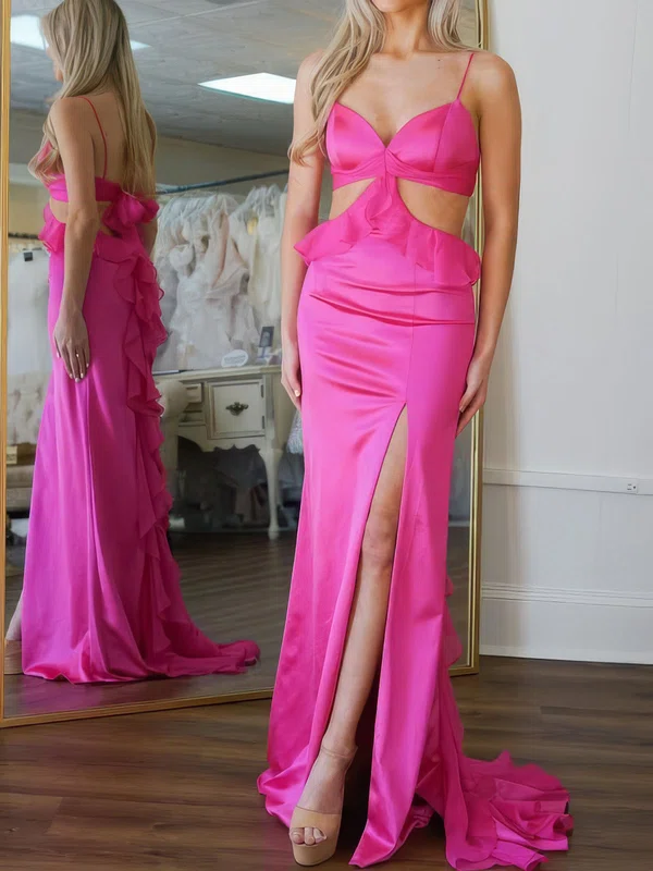 Sheath/Column V-neck Chiffon Satin Ruffle Prom Dresses #UKM020127313
