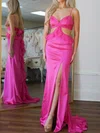 Sheath/Column V-neck Chiffon Satin Ruffle Prom Dresses #UKM020127313