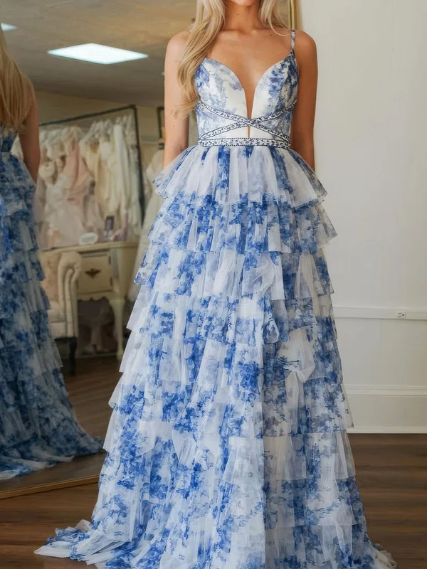 Ball Gown V-neck Floral Tulle Tiered Prom Dresses #UKM020127314