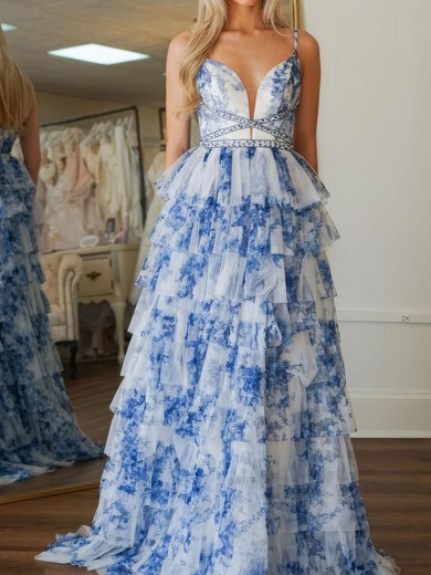 Ball Gown V-neck Floral Tulle Tiered Prom Dresses #UKM020127314