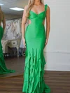 Mermaid V-neck Satin Ruffle Tiered Prom Dresses With Beading #UKM020127316