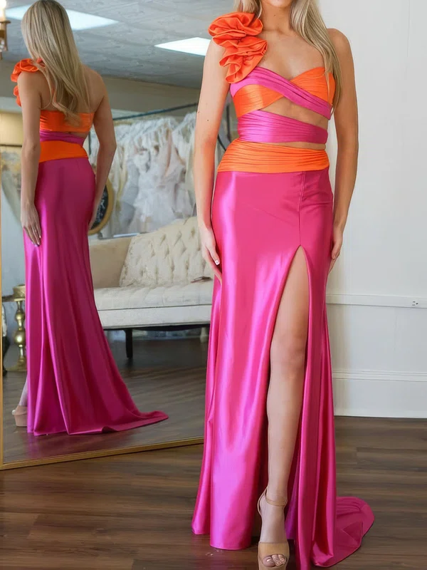 Mermaid One Shoulder Satin Cut Out Prom Dresses #UKM020127318
