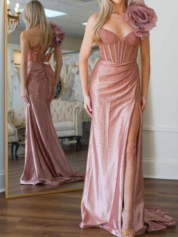 Sheath/Column One Shoulder Satin Beaded Prom Dresses With Ruched #UKM020127319