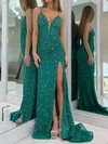 Sheath/Column V-neck Tulle Prom Dresses With Appliques #UKM020127330