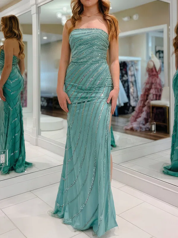 Sheath/Column Strapless Tulle Beaded Prom Dresses #UKM020127332