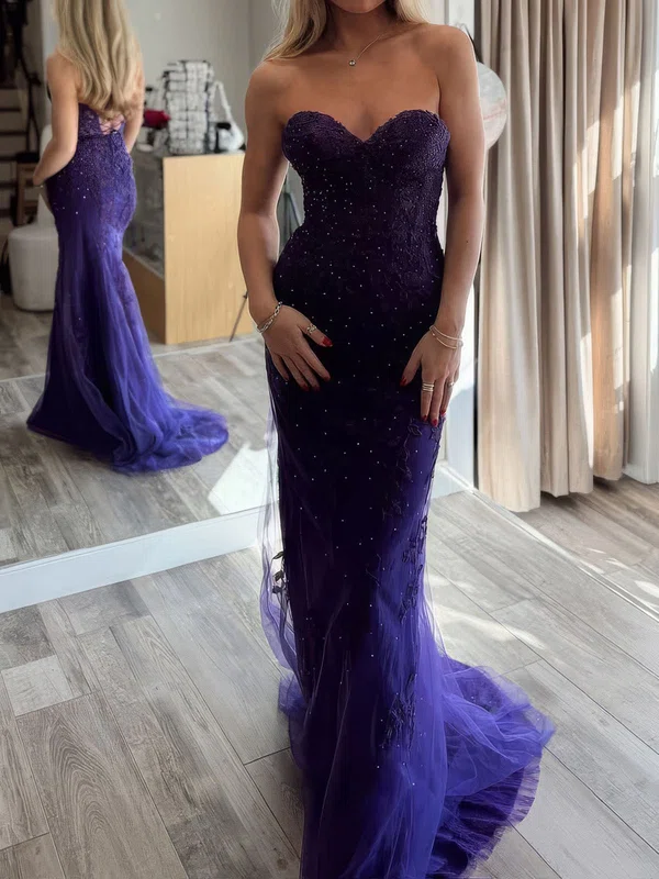 Sheath/Column Strapless Tulle Beaded Prom Dresses With Appliques #UKM020127335