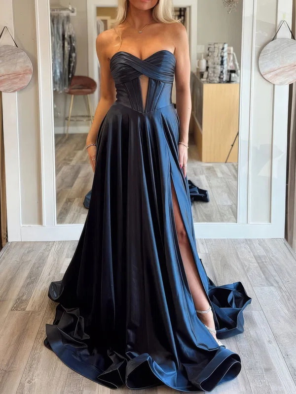 A-line Strapless Satin Cut Out Prom Dresses With Ruched #UKM020127351