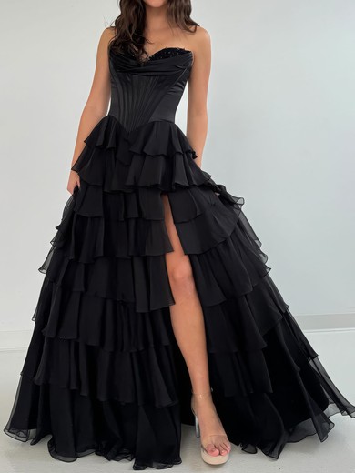 Ball Gown Strapless Satin Chiffon Ruffle Tiered Prom Dresses #UKM020127355