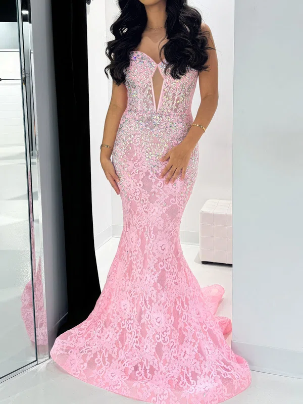 Mermaid Strapless Lace Cut Out Prom Dresses With Beading #UKM020127356