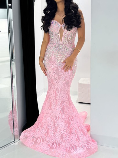 Mermaid Strapless Lace Cut Out Prom Dresses With Beading #UKM020127356