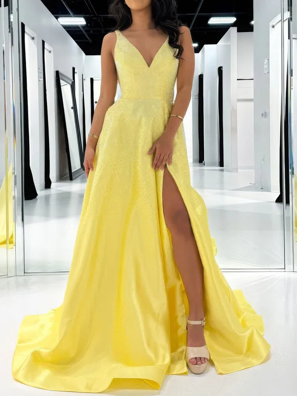 Ball Gown V-neck Satin Beaded Prom Dresses #UKM020127357