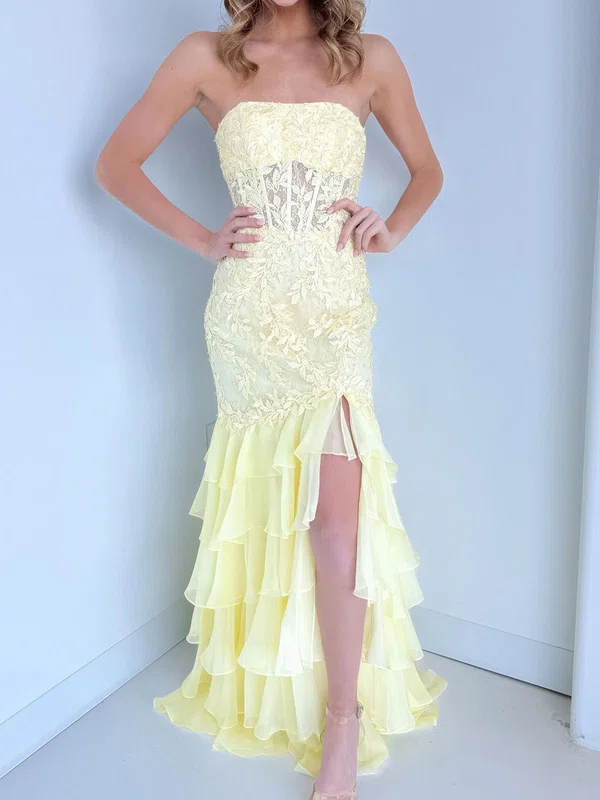 Mermaid Strapless Chiffon Tiered Prom Dresses With Appliques #UKM020127359