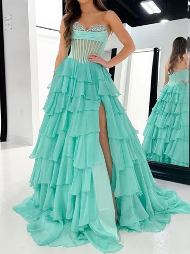 Ball Gown Strapless Chiffon Ruffle Tiered Prom Dresses With Beading #UKM020127362