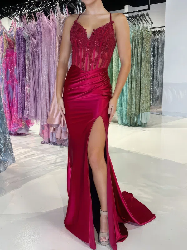 Mermaid V-neck Satin Corset Prom Dresses With Appliques #UKM020127364