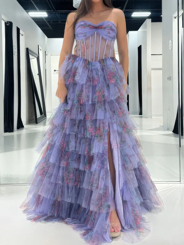 Ball Gown Strapless Tulle Floral Tiered Prom Dresses #UKM020127365