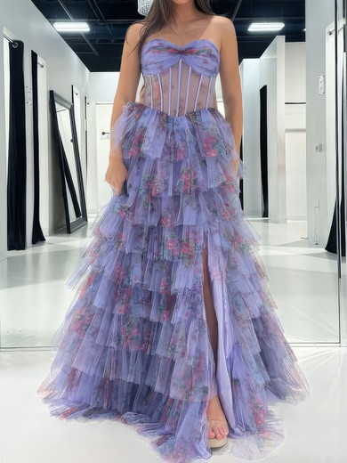 Ball Gown Strapless Tulle Floral Tiered Prom Dresses #UKM020127365