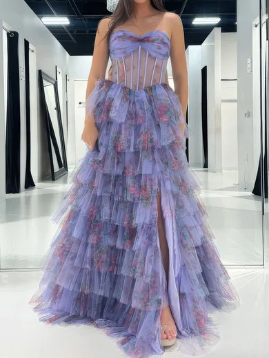 Ball Gown Strapless Tulle Floral Tiered Prom Dresses #UKM020127365