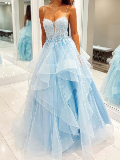 Princess Sweetheart Tulle Ruffle Prom Dresses With Appliques #UKM020127367