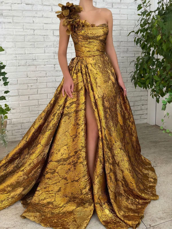 Ball Gown One Shoulder Satin Prom Dresses With Ruched #UKM020127368