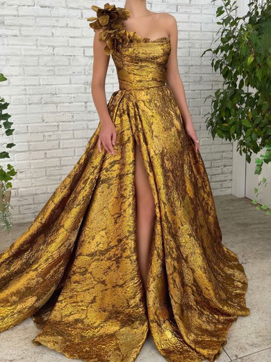 Ball Gown One Shoulder Satin Prom Dresses With Ruched #UKM020127368