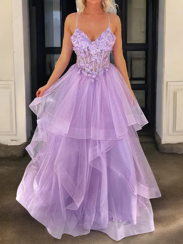 Princess V-neck Tulle Ruffle Prom Dresses With Appliques #UKM020127369