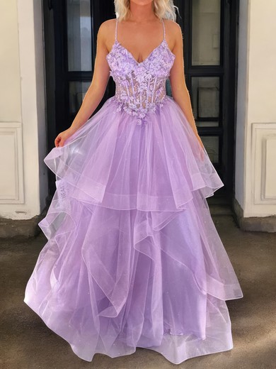 Princess V-neck Tulle Ruffle Prom Dresses With Appliques #UKM020127369