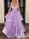 Princess V-neck Tulle Ruffle Prom Dresses With Appliques #UKM020127369