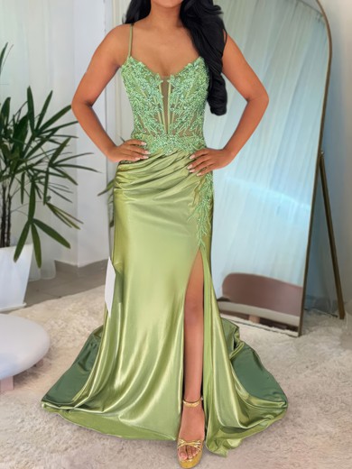 Mermaid V-neck Satin Corset Prom Dresses With Appliques #UKM020127370
