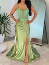 Mermaid V-neck Satin Corset Prom Dresses With Appliques #UKM020127370