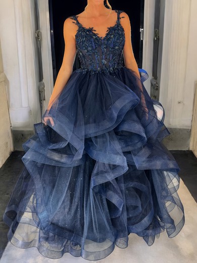 Princess V-neck Tulle Ruffle Prom Dresses With Appliques #UKM020127371