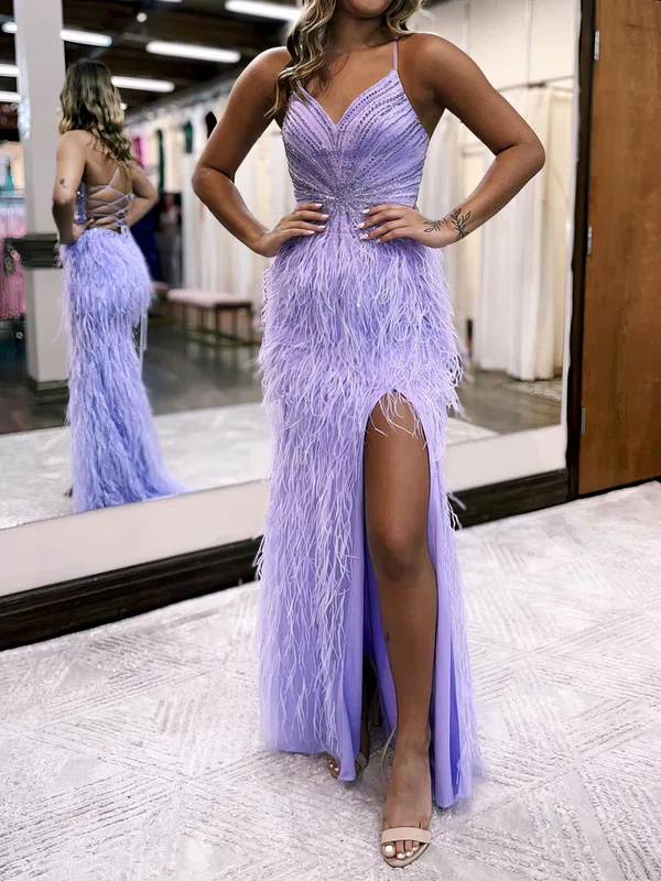 Sheath/Column V-neck Tulle Satin Prom Dresses With Feather #UKM020127374