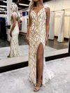 Sheath/Column V-neck Sparkly Sequin Prom Dresses With Feather #UKM020127375