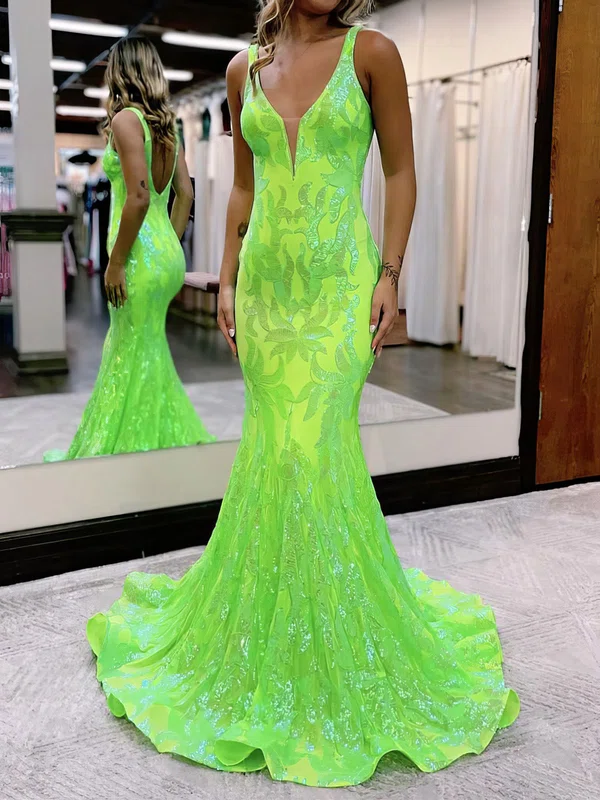 Mermaid V-neck Backless Sparkly Sequin Prom Dresses #UKM020127385