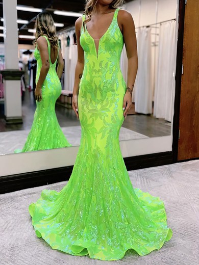 Mermaid V-neck Backless Sparkly Sequin Prom Dresses #UKM020127385