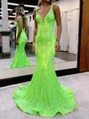 Mermaid V-neck Backless Sparkly Sequin Prom Dresses #UKM020127385
