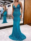 Mermaid V-neck Tulle Prom Dresses With Appliques #UKM020127386